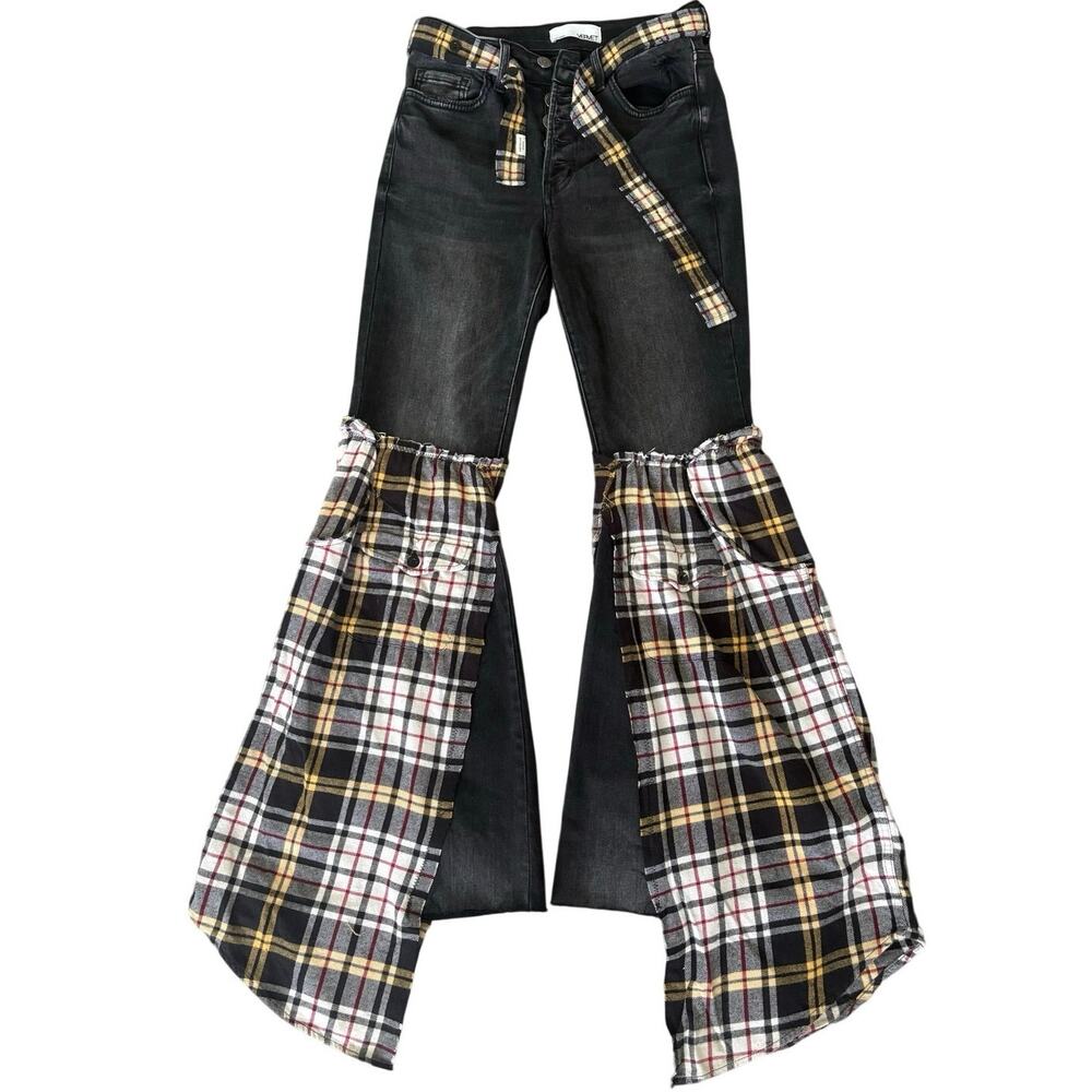 Upcycled Grunge Plaid Flare Jeans Western Star Patch Cargo Punk Goth 26 Black